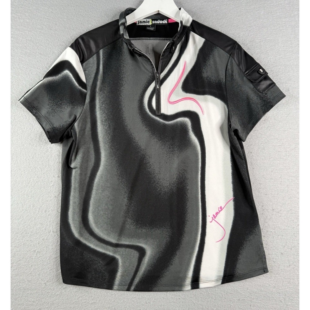 Jamie Sadock Top Womens Sz L Pink Black Geometric 1/4 Zip Golf Artsy Abstract